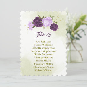 purple flowers green leaves seating chart card