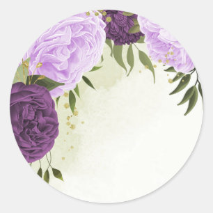 purple flowers green leaves wedding classic round sticker