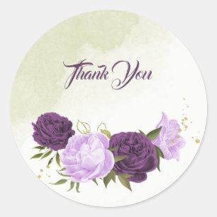 purple flowers green leaves wedding classic round sticker