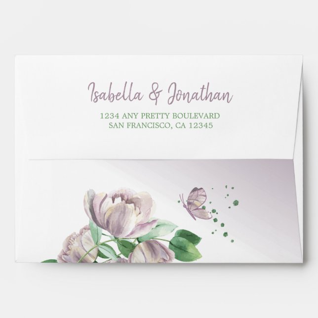 purple flowers green leaves wedding envelope (Back (Top Flap))