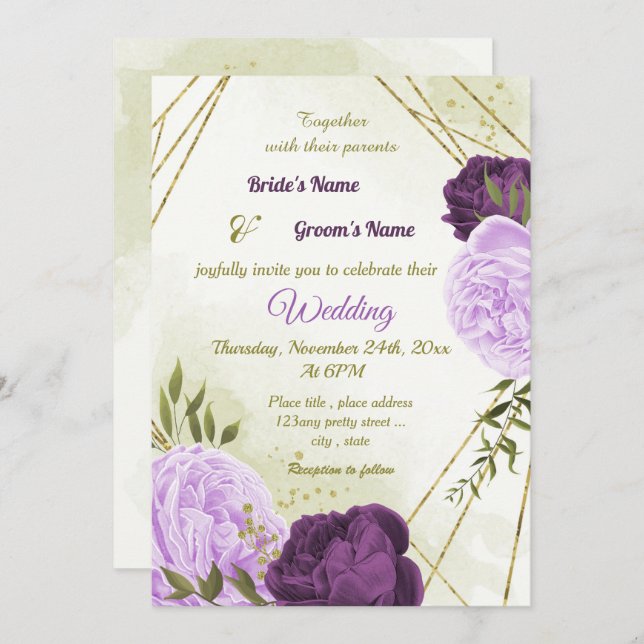 purple flowers green leaves wedding invitation (Front/Back)