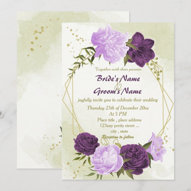 purple flowers green leaves wedding invitation (Front/Back)