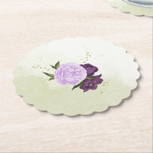 purple flowers green leaves wedding paper coaster