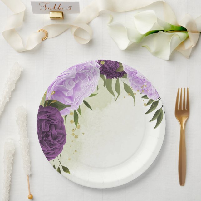 purple flowers green leaves wedding paper plate (Wedding)