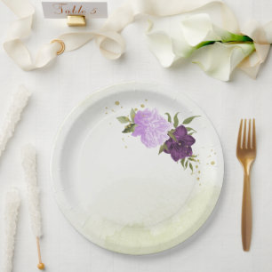 purple flowers green leaves wedding paper plate