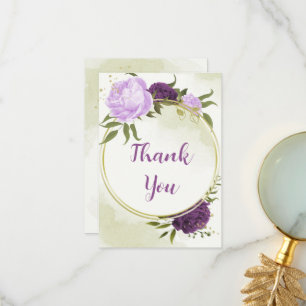 purple flowers green leaves wedding thank you card