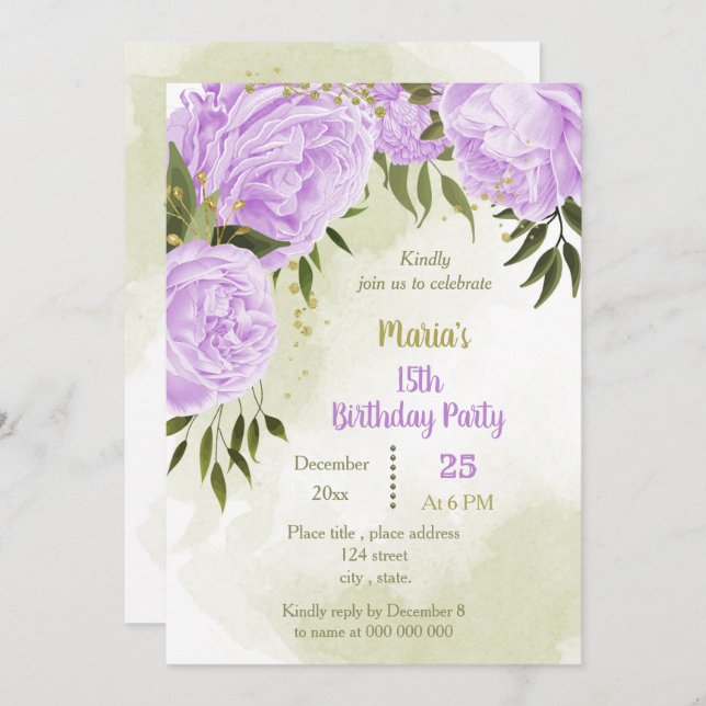 purple flowers greenery birthday party invitation (Front/Back)