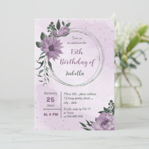 purple flowers greenery botanical birthday  invitation