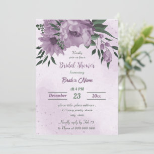 purple flowers greenery botanical bridal shower invitation