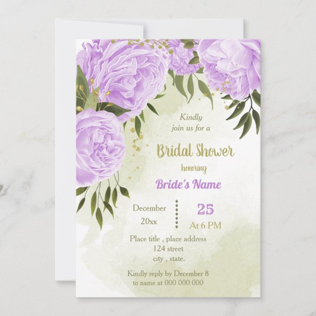 purple flowers greenery bridal shower invitation (Front)