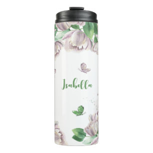 purple flowers greenery butterflies thermal tumbler