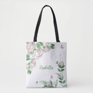 purple flowers greenery butterflies tote bag