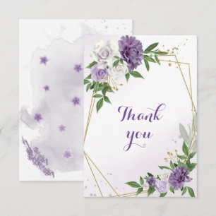purple flowers greenery gold geometric thank you card