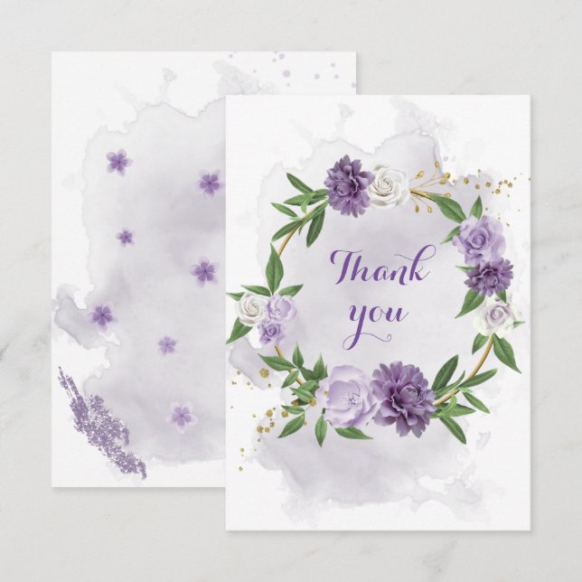 purple flowers greenery gold wreath  thank you card (Front/Back)