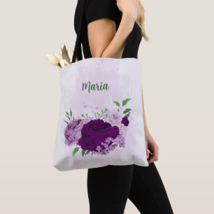 purple flowers greenery tote bag