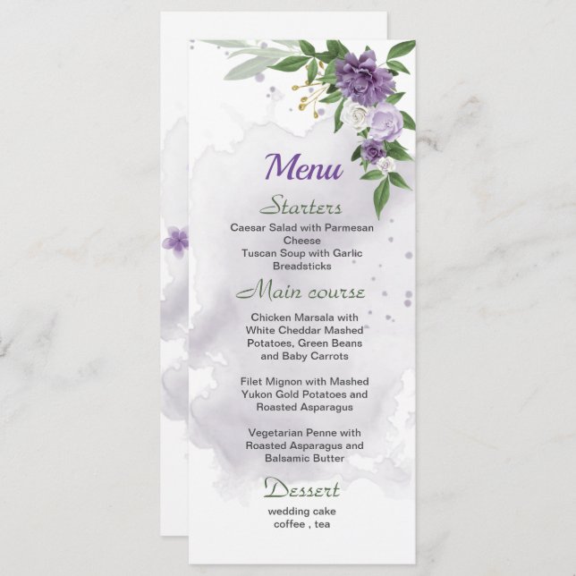 purple flowers greenery wedding menu (Front/Back)
