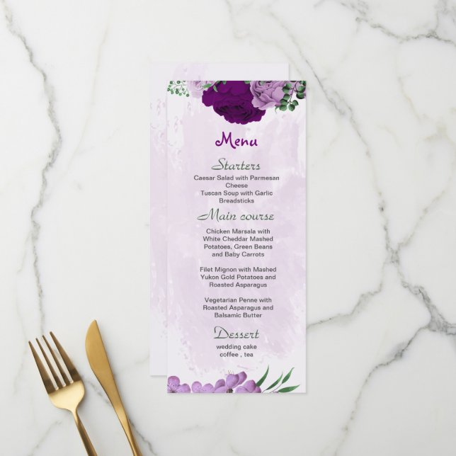 Purple flowers greenery wedding menu (Front/Back In Situ)