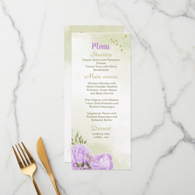 purple flowers greenery wedding menu (Front/Back In Situ)
