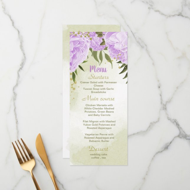 purple flowers greenery wedding menu (Front/Back In Situ)
