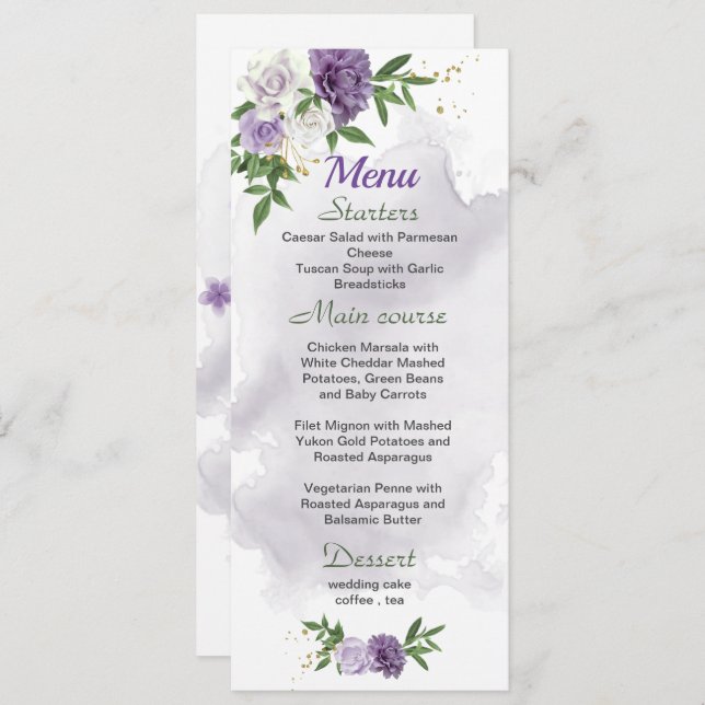 purple flowers greenery wedding  menu (Front/Back)