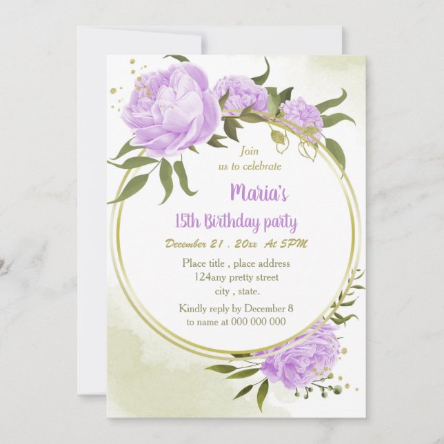 purple flowers greenery wreath birthday party invitation (Front)