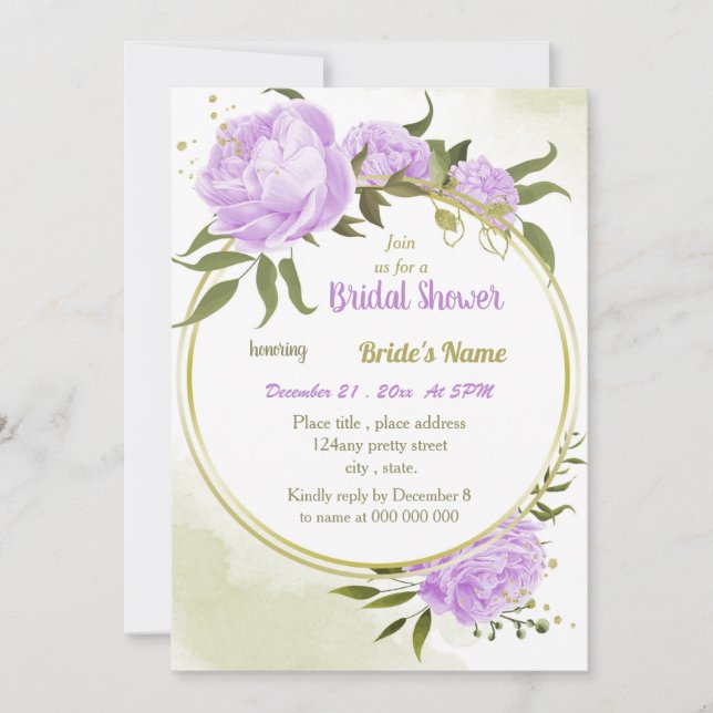 purple flowers greenery wreath bridal shower invitation (Front)