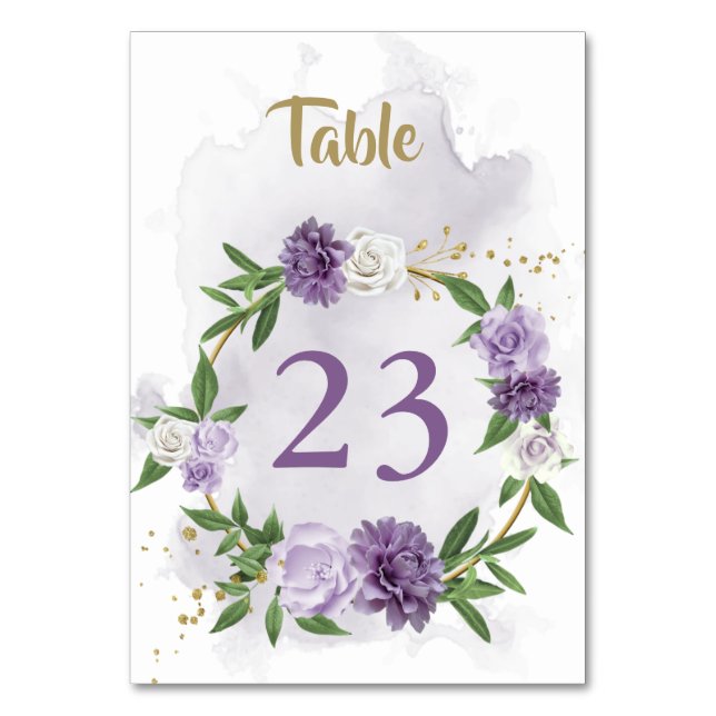 purple flowers greenery wreath  table number (Front)