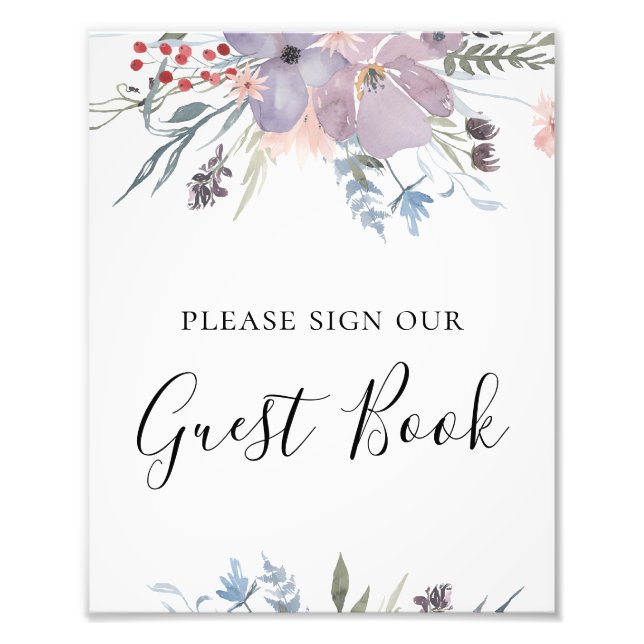 Purple flowers guest book sign. Botanical wedding Photo Print (Front)