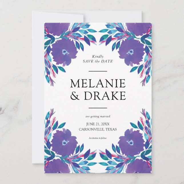 Purple Flowers Handpainted Save the Date Invitation (Front)