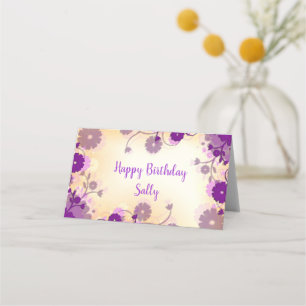 Purple flowers happy birthday place card