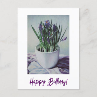 Purple flowers in a cup painting birthday art card