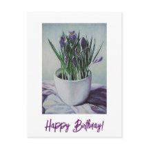 Purple flowers in a cup painting birthday art card