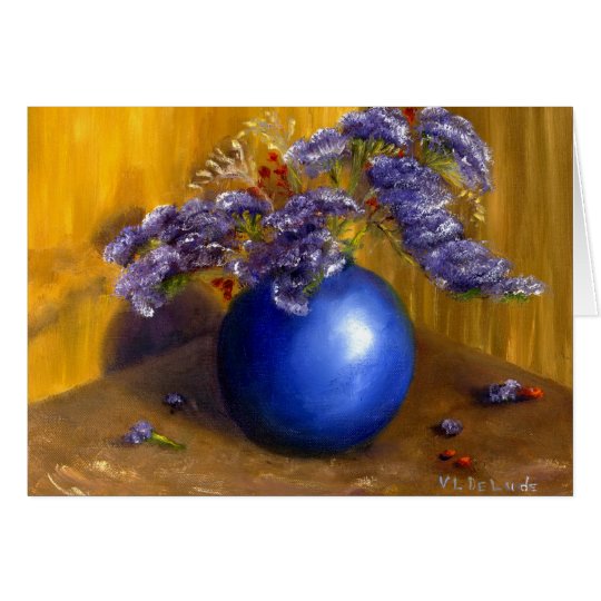 Purple flowers in Blue Vase and Gold Background Card