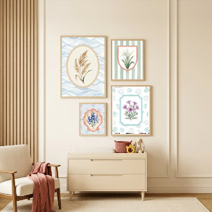 Purple Flowers in Frame with Sea Glass and Shells Poster