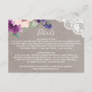 Purple Flowers & Lace Wedding Details Insert Card
