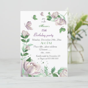 purple flowers & leaves butterflies birthday party invitation