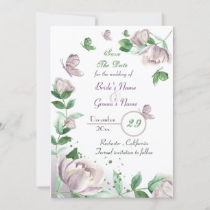 purple flowers & leaves butterflies save the date invitation