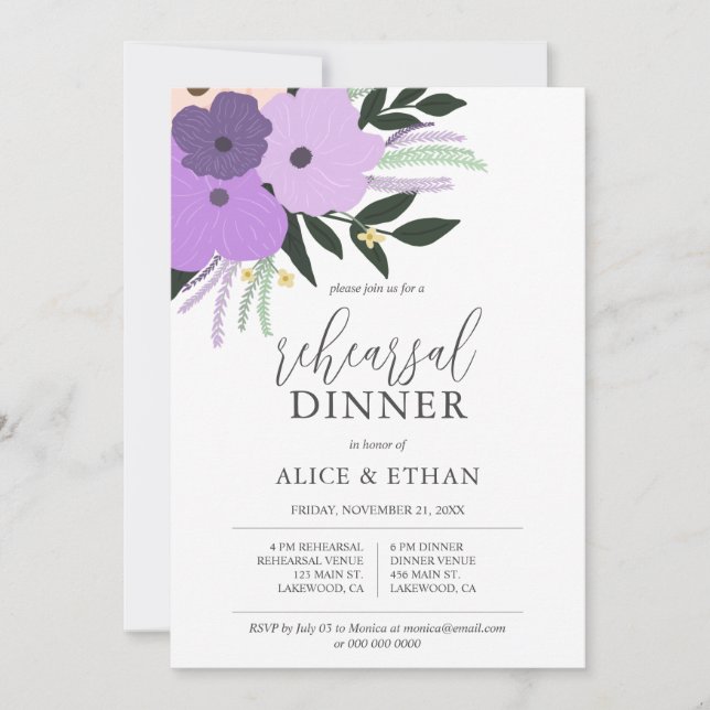 Purple Flowers Leaves Calligraphy Rehearsal Dinner Invitation (Front)