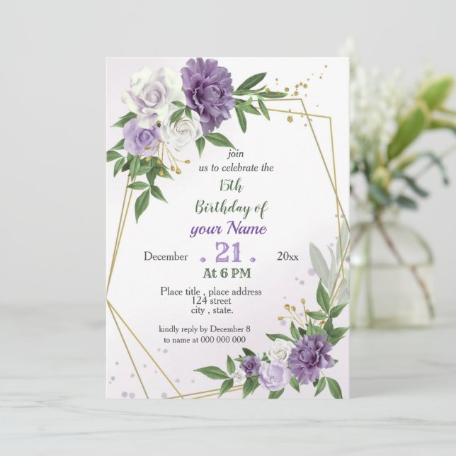 purple flowers & leaves geometric birthday invitation (Standing Front)