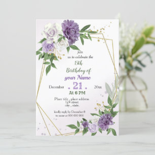 purple flowers & leaves geometric birthday invitation