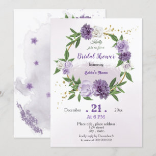 purple flowers & leaves wreath bridal shower invitation