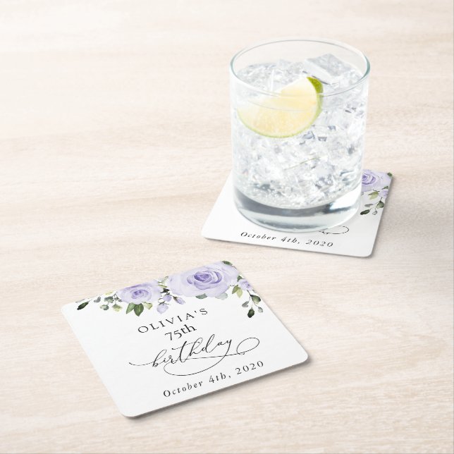 Purple Flowers, Lilac Flowers, Boho, Birthday Square Paper Coaster (Insitu)