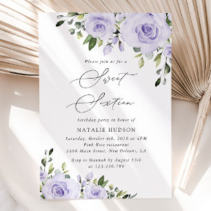 Purple Flowers, Lilac Flowers, Boho, Sweet 16 Invitation