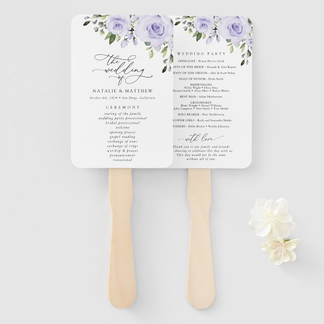 Purple Flowers, Lilac Flowers, Wedding Program Hand Fan (Front and Back)