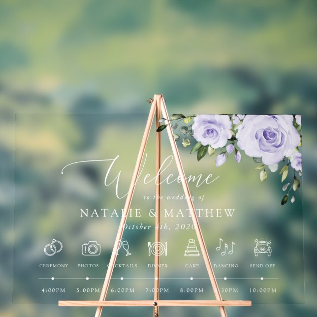Purple Flowers, Lilac Flowers, Wedding Timeline Acrylic Sign (Neutral)