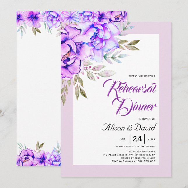 Purple flowers lilac wedding rehearsal dinner invitation (Front/Back)
