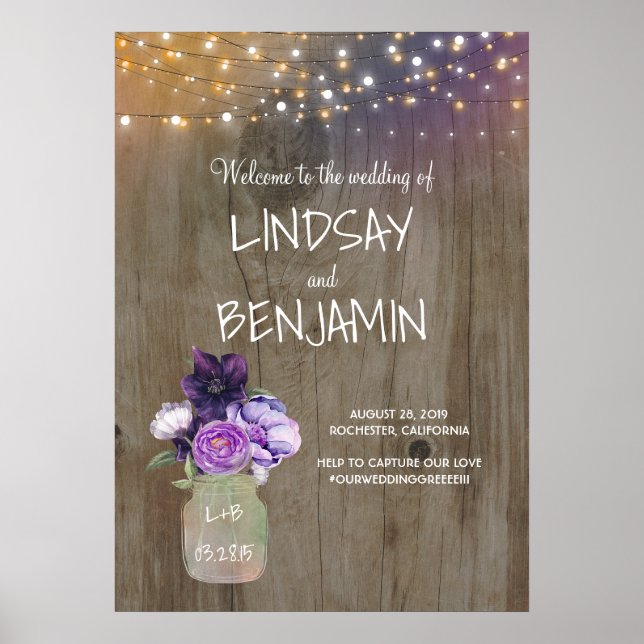 Purple Flowers Mason Jar Rustic Wedding Welcome Poster (Front)