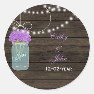 Purple Flowers Mason Jars Barn Wood Wedding Classic Round Sticker