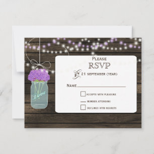 Purple Flowers Mason Jars Barn Wood Wedding RSVP Card