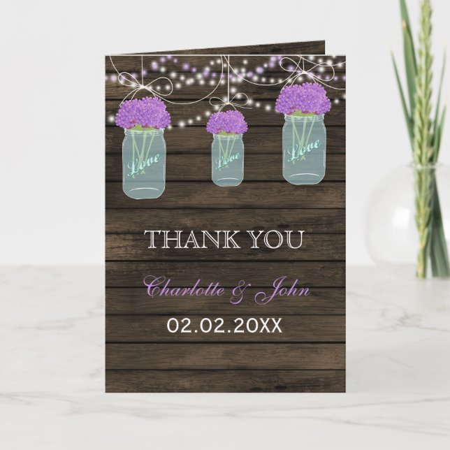 Purple Flowers Mason Jars Barn Wood Wedding Thank You Card (Front)